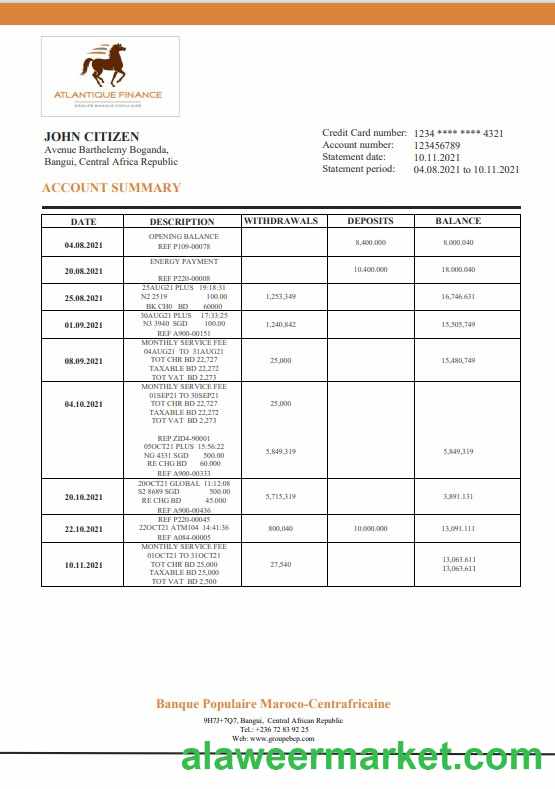 Central African Republic Banque Populaire Maroco Centrafricaine bank statement template in Word and PDF format